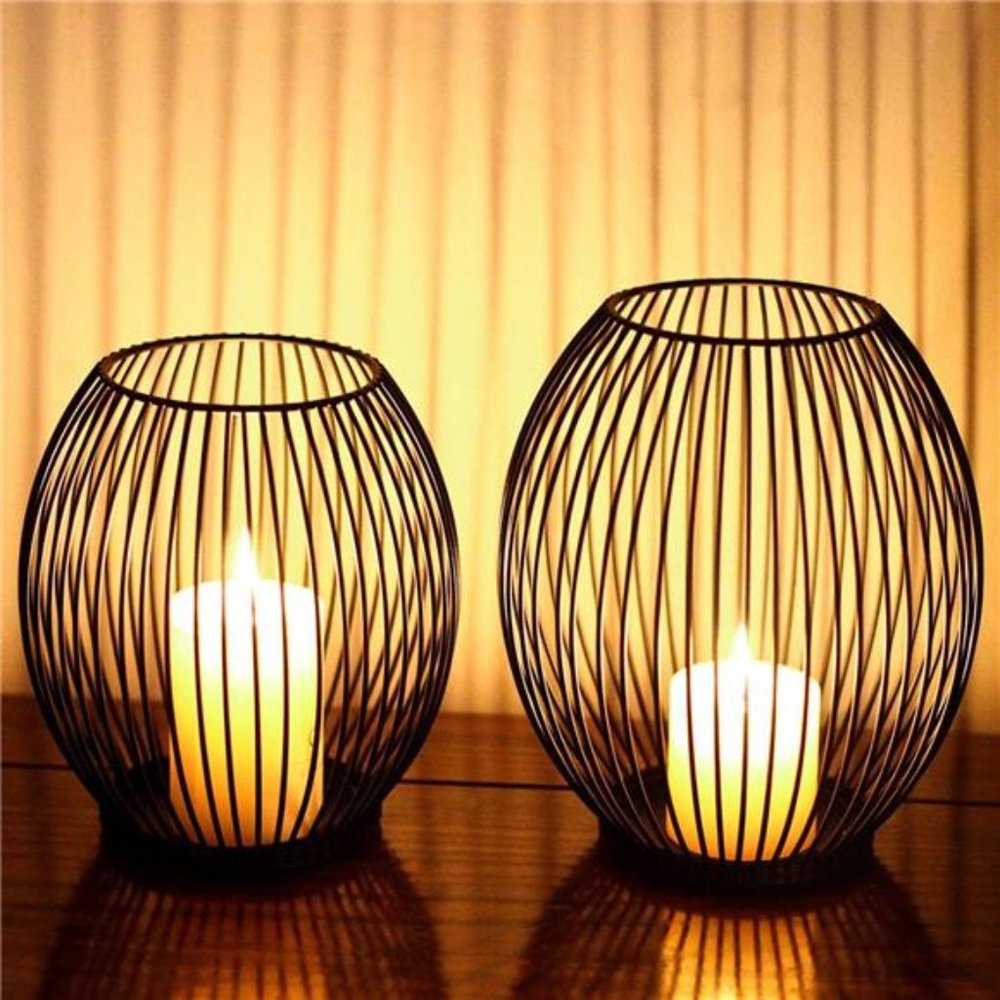 Matte Black Oval Candle Holders Set of 2 - Vintage Decorative Candle Stand